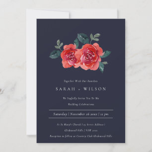 CHIC NAVY RED GREEN ROSE FLORAL WEDDING INVITE
