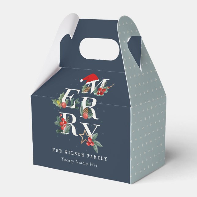 Chic Navy Red Green White Merry Christmas Foliage Favor Boxes (Front Side)