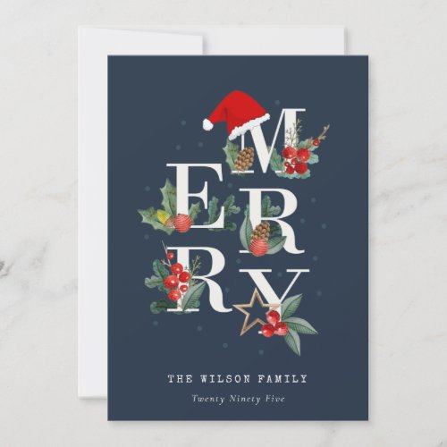 Chic Navy Red Green White Merry Christmas Foliage Holiday Card