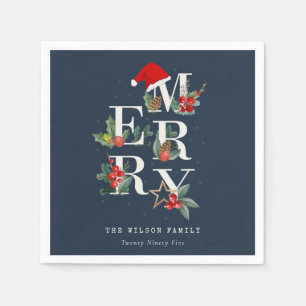 Chic Navy Red Green White Merry Christmas Foliage Napkins
