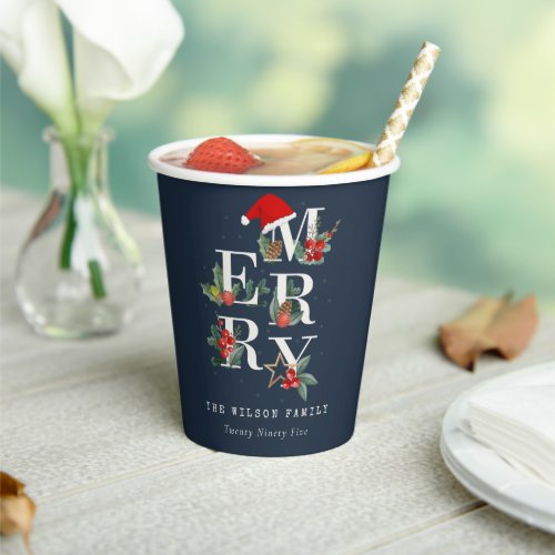 Chic Navy Red Green White Merry Christmas Foliage Paper Cups