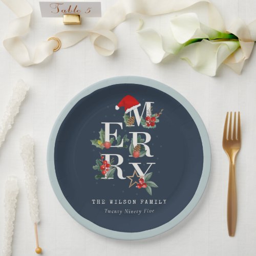 Chic Navy Red Green White Merry Christmas Foliage Paper Plates