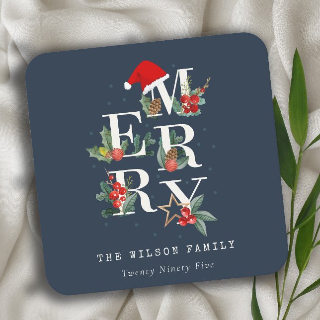 Chic Navy Red Green White Merry Christmas Foliage Square Paper Coaster (Creator Uploaded)