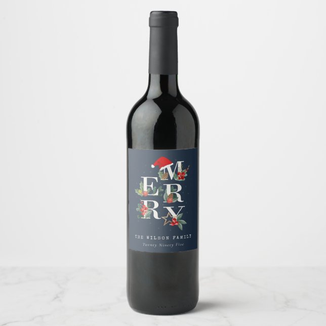 Chic Navy Red Green White Merry Christmas Foliage Wine Label (Front)