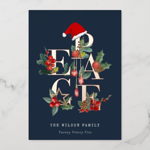 Chic Navy Red Green White Peace Christmas Foliage Foil Holiday Card