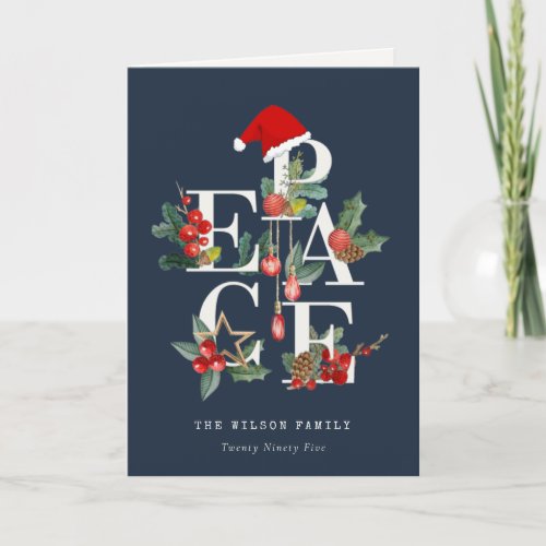 Chic Navy Red Green White Peace Christmas Foliage Holiday Card
