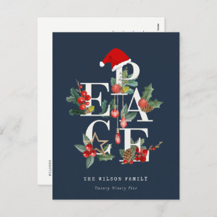 Chic Navy Red Green White Peace Christmas Foliage Holiday Postcard