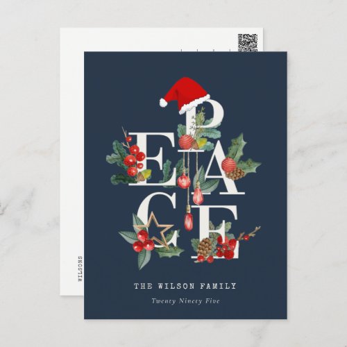 Chic Navy Red Green White Peace Christmas Foliage Holiday Postcard