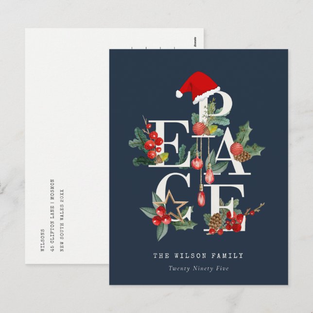 Chic Navy Red Green White Peace Christmas Foliage Holiday Postcard (Front/Back)