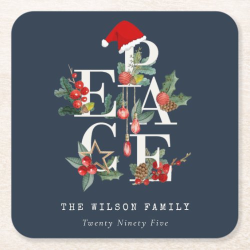 Chic Navy Red Green White Peace Christmas Foliage Square Paper Coaster