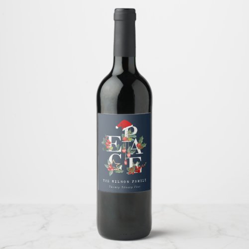 Chic Navy Red Green White Peace Christmas Foliage Wine Label