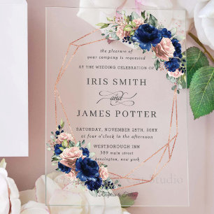 Chic Navy Rose Gold Blush Floral Wedding Geometric Acrylic Invitations