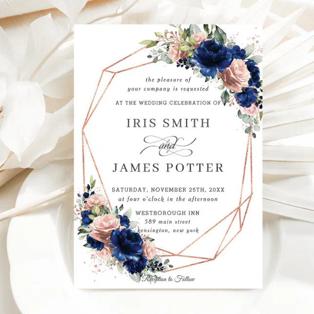 Chic Navy Rose Gold Blush Floral Wedding Geometric Invitation 