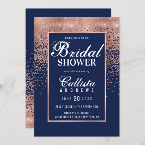 Chic Navy Rose Gold Glitter Confetti Bridal Shower Invitation