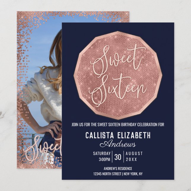 Chic Navy Rose Gold Glitter Polygon Photo Sweet 16 Invitation (Front/Back)