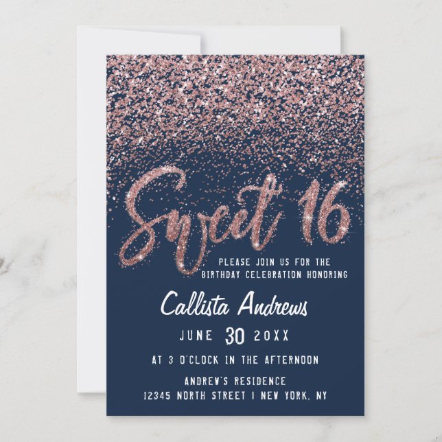 Chic Navy Rose Gold Scattered Glitter Sweet 16 Invitation (Front)