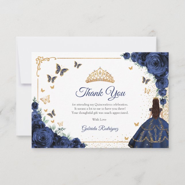 Chic Navy Roses Gold Quinceanera Thank You Card (Front)