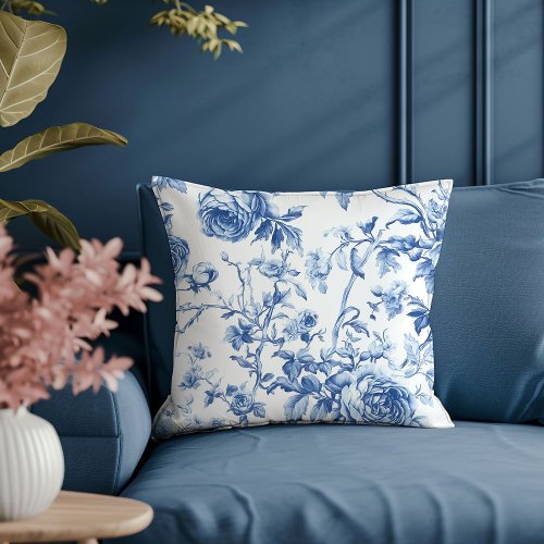 Chic Navy Roses Toile de Jouy Floral Accent Pillow