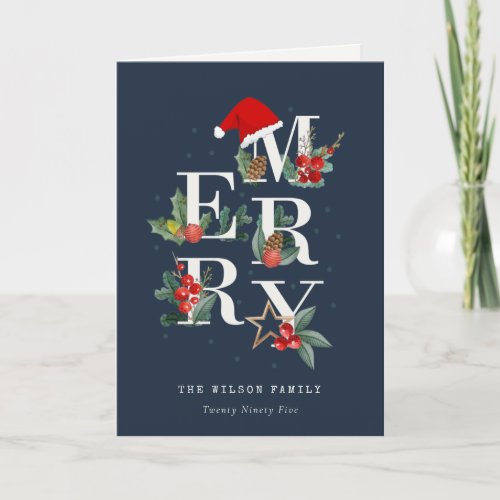 Chic Navy Rustic Red Green Merry Christmas Foliage Holiday Card
