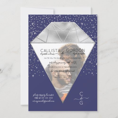 Chic Navy Silver Diamond Confetti Photo Engagement Invitation