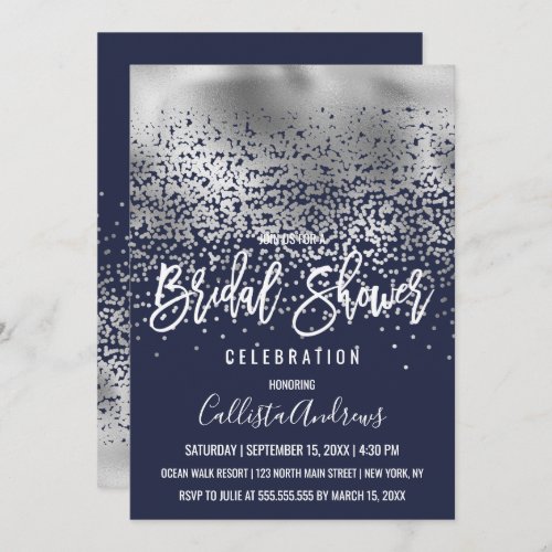 Chic Navy Silver Foil Confetti Ombre Bridal Shower Invitation