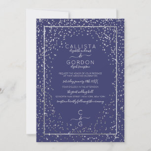 Chic Navy Silver Glitter Confetti Border Wedding Invitation