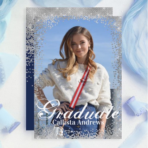 Chic Navy Silver Glitter Confetti Photo Graduation Invitation