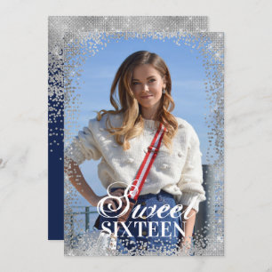 Chic Navy Silver Glitter Confetti Photo Sweet 16 Invitation