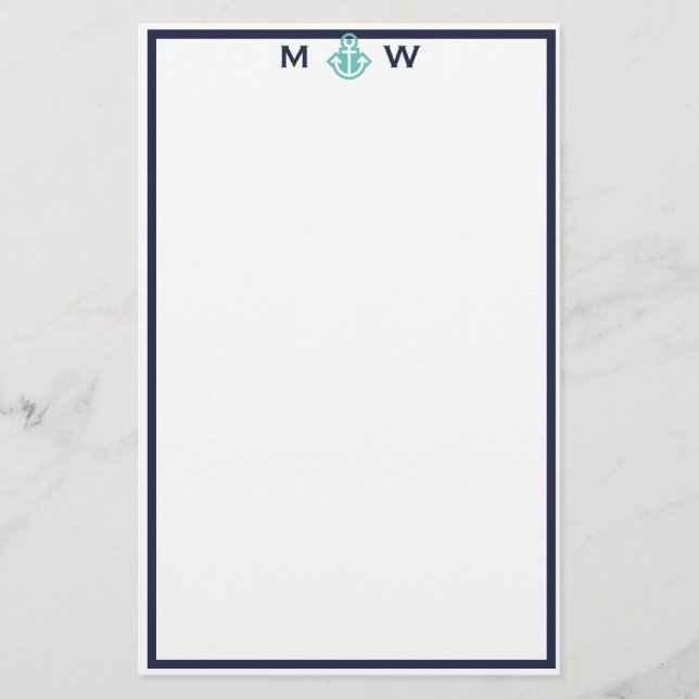 Chic Navy  & Teal Anchor Monogram  Stationery (Front)