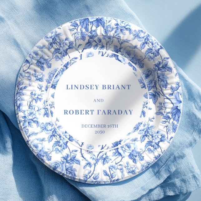 Chic navy toile roses wedding party paper plates (Chic navy toile roses wedding party paper plates

)