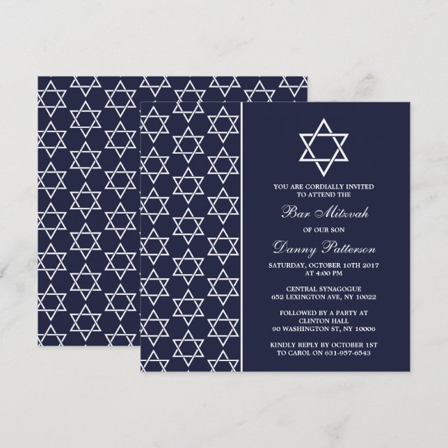 Chic Navy & White Jewish Star Of David Bar Mitzvah Invitation (Front/Back)