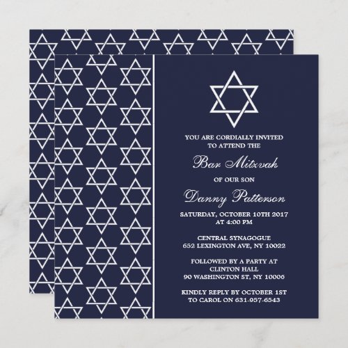 Chic Navy  White Jewish Star Of David Bar Mitzvah Invitation