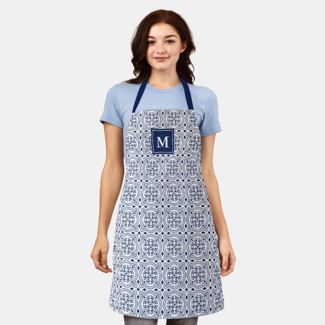 Chic Navy & White Moroccan Tile Pattern Monogram Apron (Worn)