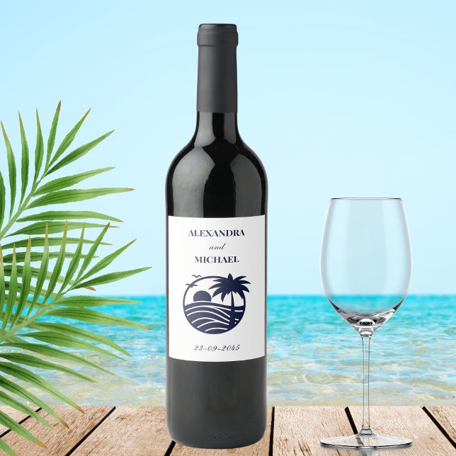 Chic Navy White Palm Tree Coastal Wedding  Wine Label (Creator Uploaded)