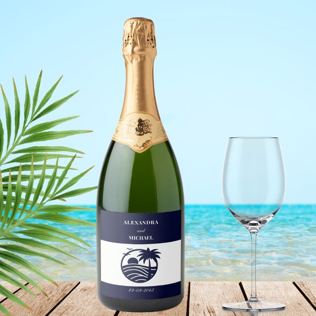 Chic Navy White Stripes Palm Tree Coastal Wedding Sparkling Wine Label (Creator Uploaded)