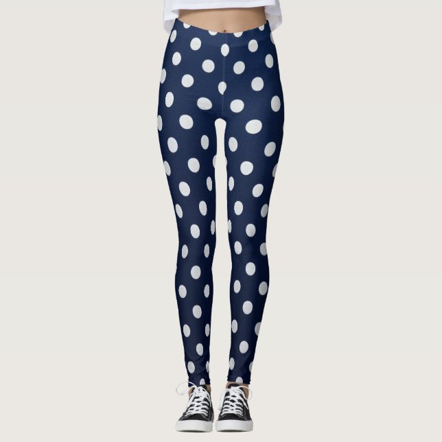 Chic Navy & White Timeless Polka Dots Leggings (Front)