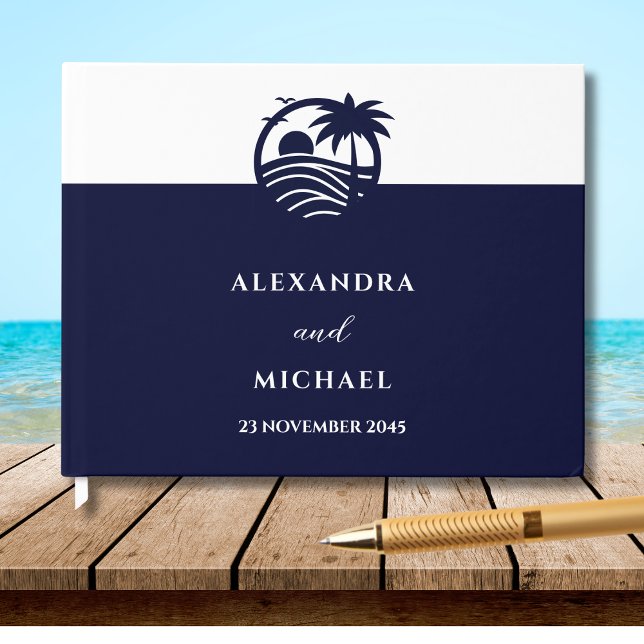Chic Navy White Tropical Palm Tree Coastal Wedding Guest Book (Creator Uploaded)