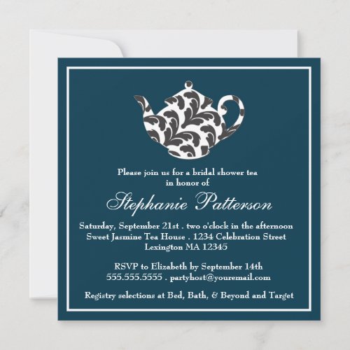 Chic Navy &amp; White w Damask Bridal Shower Tea Party Custom Invitation