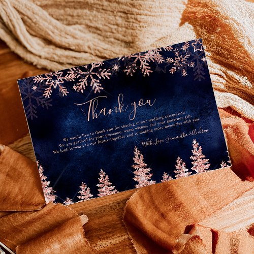 Chic navy Winter rose gold snow pine wedding Thank You Card