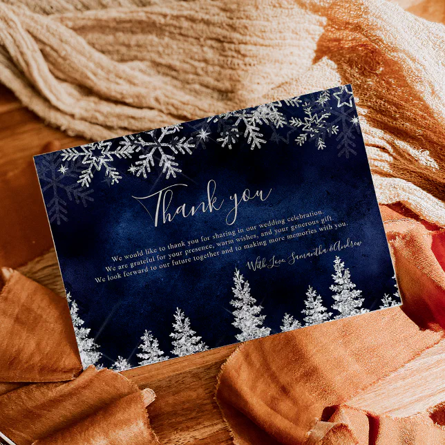 Chic Navy Winter silver snow pine wedding Thank You Card | Zazzle
