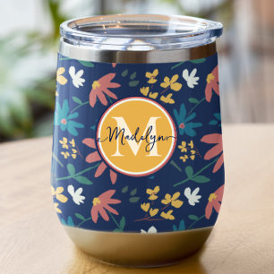 Chic Navy Yellow Monogram Floral Pattern Custom Thermal Wine Tumbler