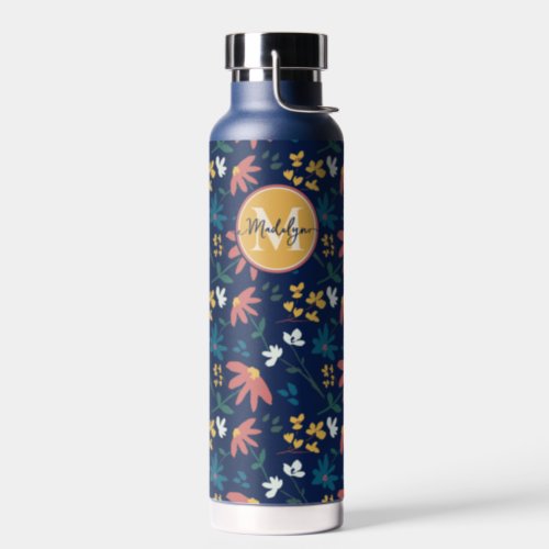 Chic Navy Yellow Monogram Floral Pattern Custom Water Bottle