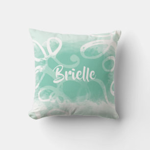 Chic Neo Mint Green Watercolor Swirls With Name Throw Pillow
