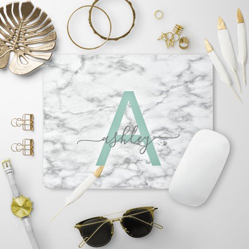 Chic Neo Mint White Marble Script Name Monogram Mouse Pad