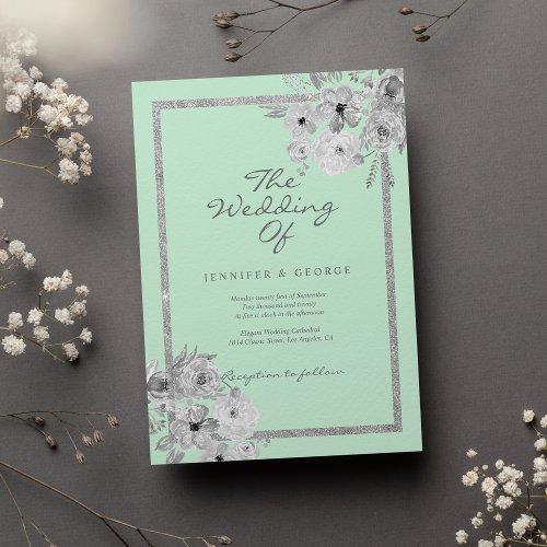 Chic neo mint white silver glitter floral wedding invitation