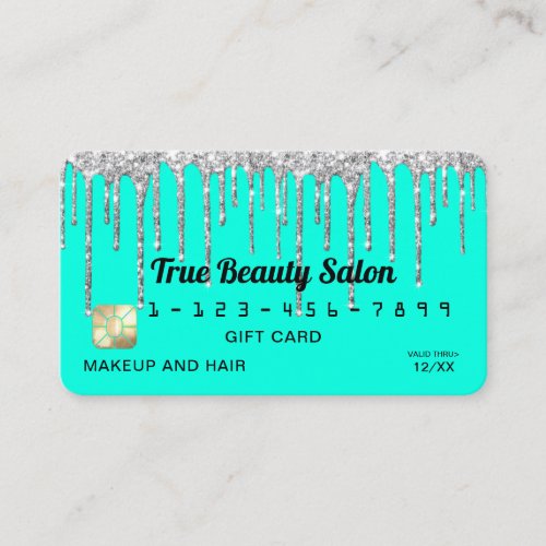 Chic Neon Aqua Silver Glitter Drips Gift Credit Business Card