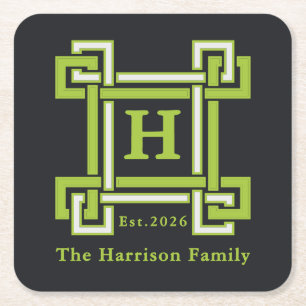 Chic Neon Citrus Green Black Geometric Custom Square Paper Coaster