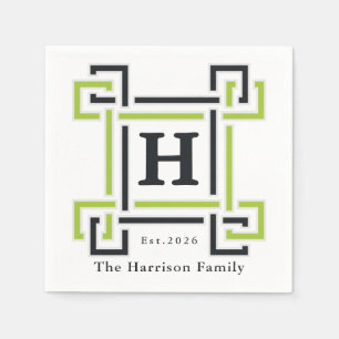 Chic Neon Citrus Green Black Monogram Family Name Napkins