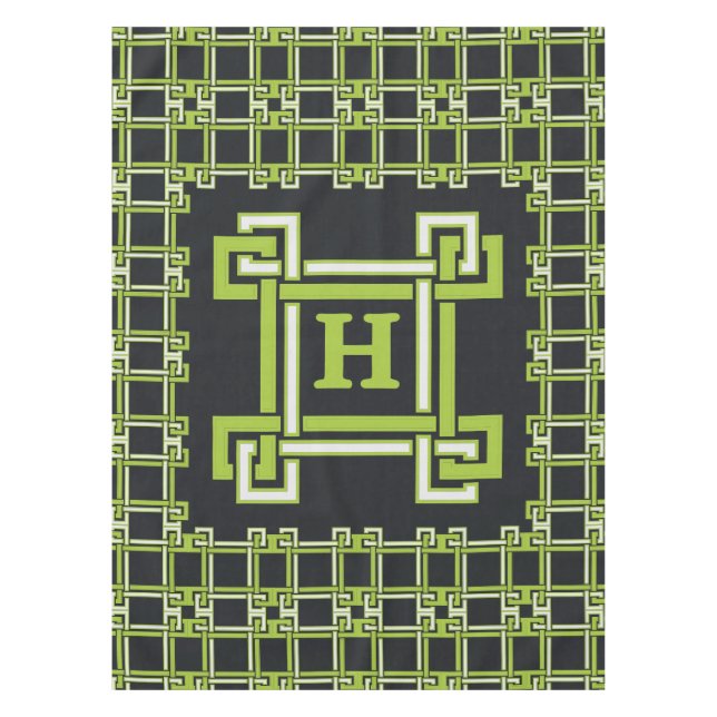 Chic Neon Citrus Green Black Monogram Tablecloth (Front)