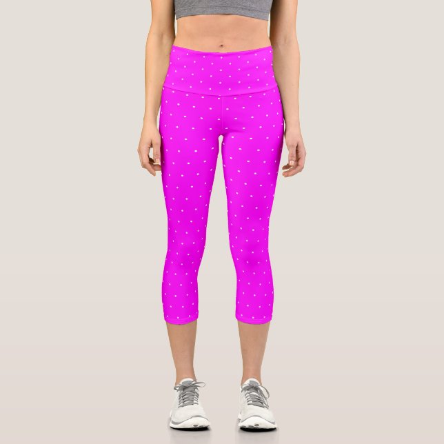 Chic neon magenta pink tiny polka dots cute  capri leggings (Front)